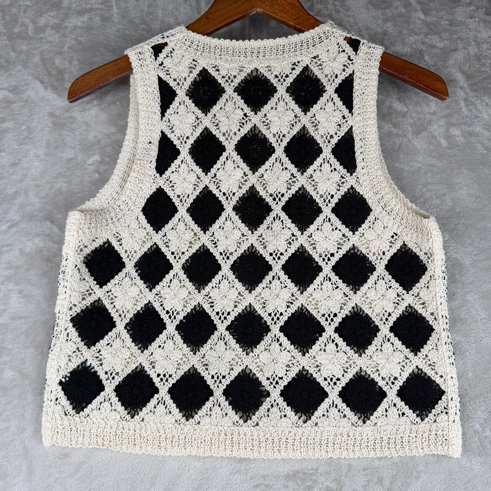 Sezane RON Black Cream Diamond Crochet Cotton Button Front Vest S S241TOP086M - Picture 4 of 7